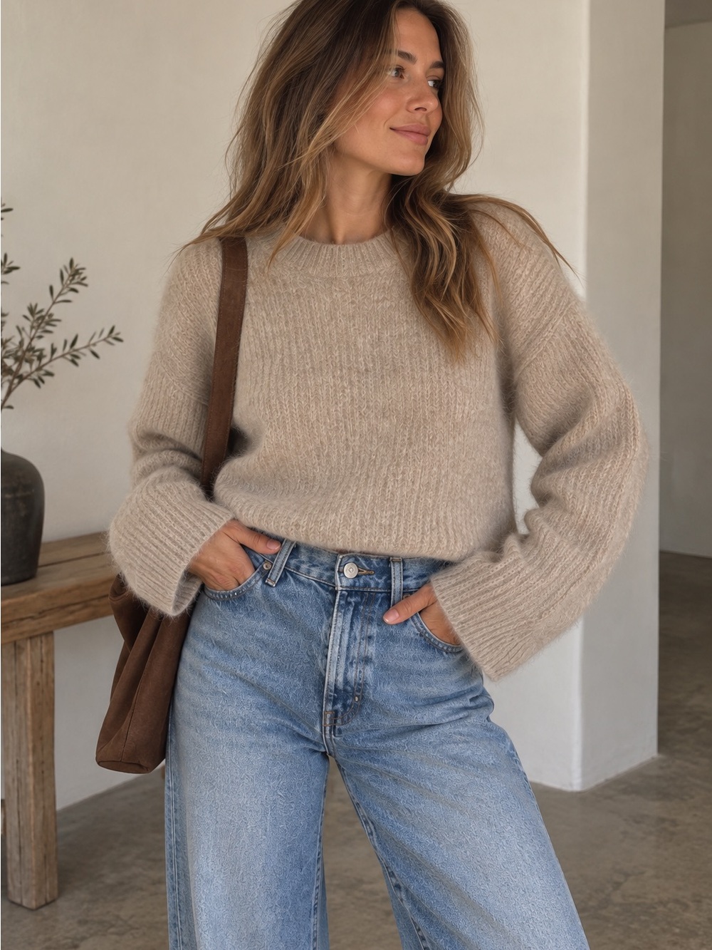 Rare Aritzia Babaton 1-01 Merino Wool Mohair Semi-Cropped Sweater Oatmeal Size 1